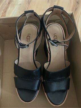 UGG Black Leather Open-Toe Slingback Heels
